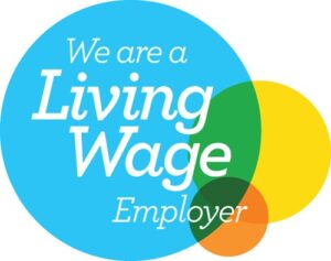 A set of three colourful circles contain the text 'We are a living wage employer'