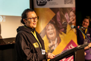 Minister for Victims and Community Safety Siobhian Brown addresses delegates.